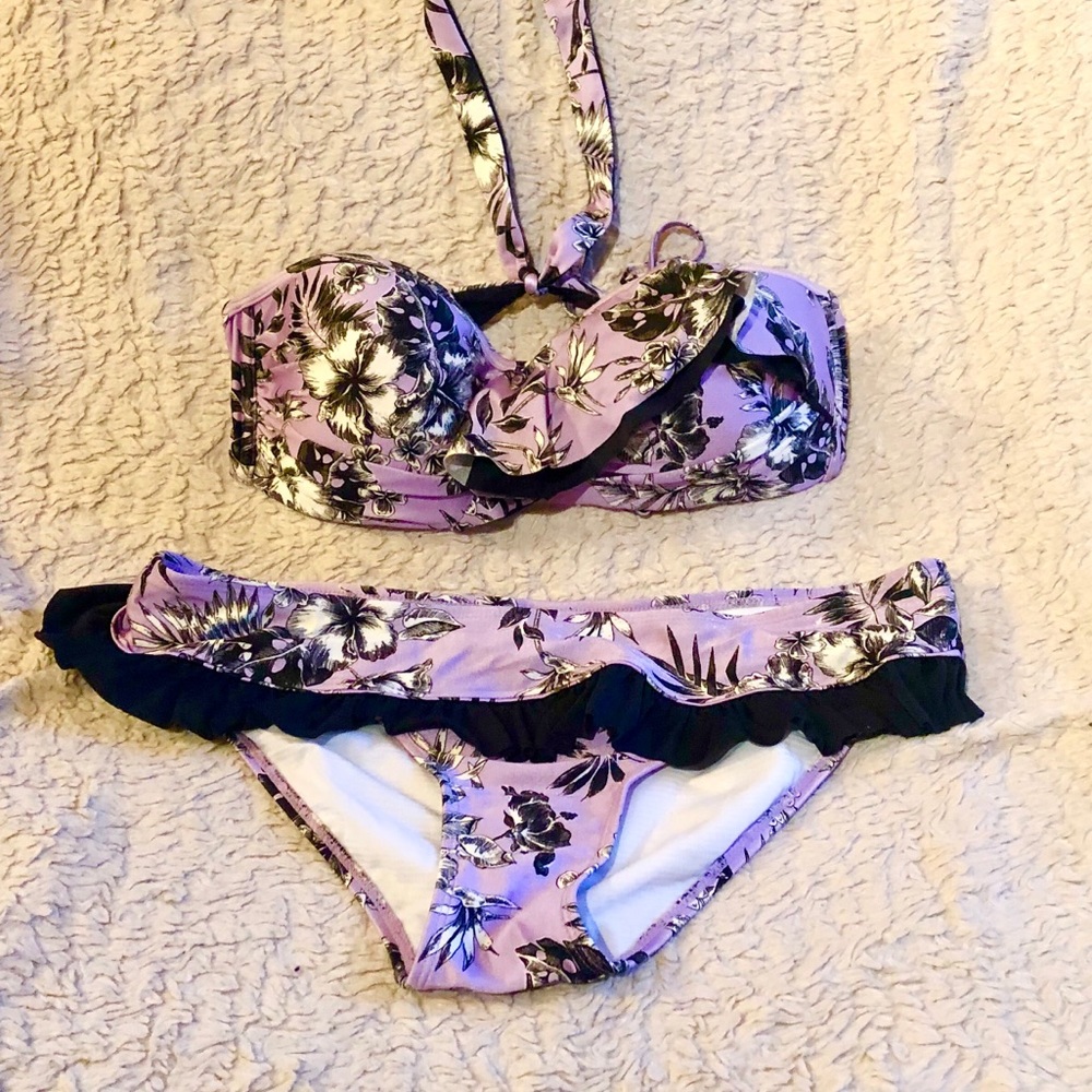 Strapless lavender floral Ruffle Bikini.